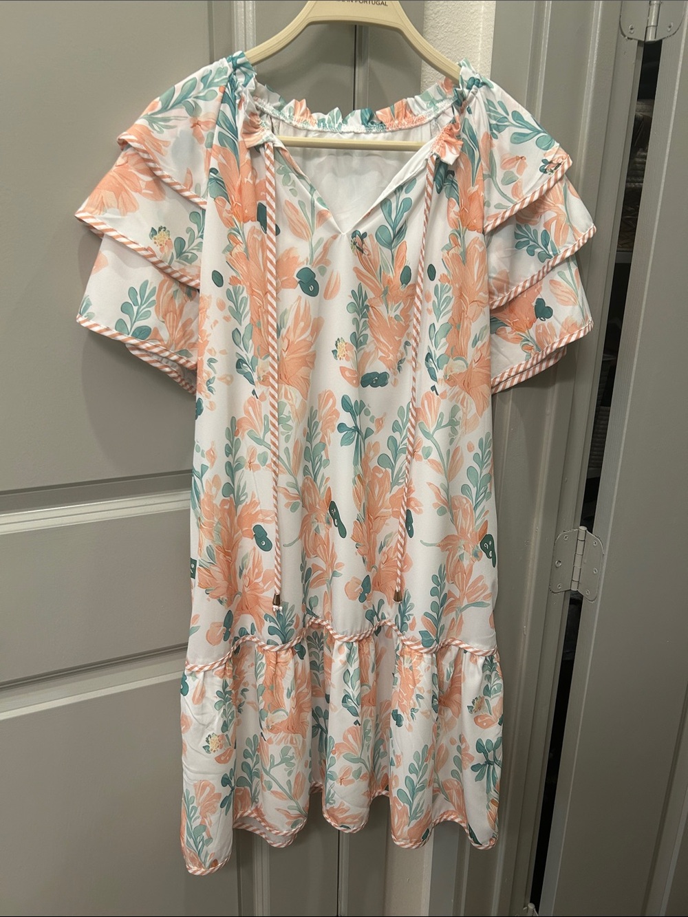 Womens Floral Ruffle Dress - Peach, Teal & White